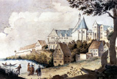Blick zum Chemnitzer Schloß, kolorierter Stich von Welck, 1780er Jahre